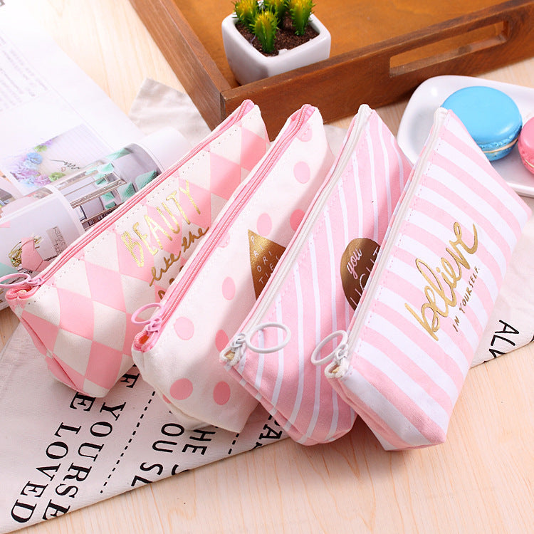 Grid Pencil Case Student Stationery Box Creative Large Capacity Simple Canvas Stationery