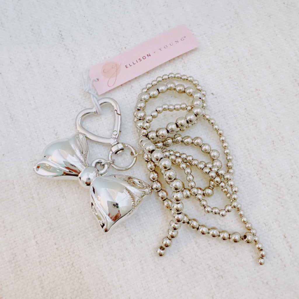 Silver Cascade Bow Charm Bag Charm – Metallic Bow with Beaded Tassels & Bow Loop